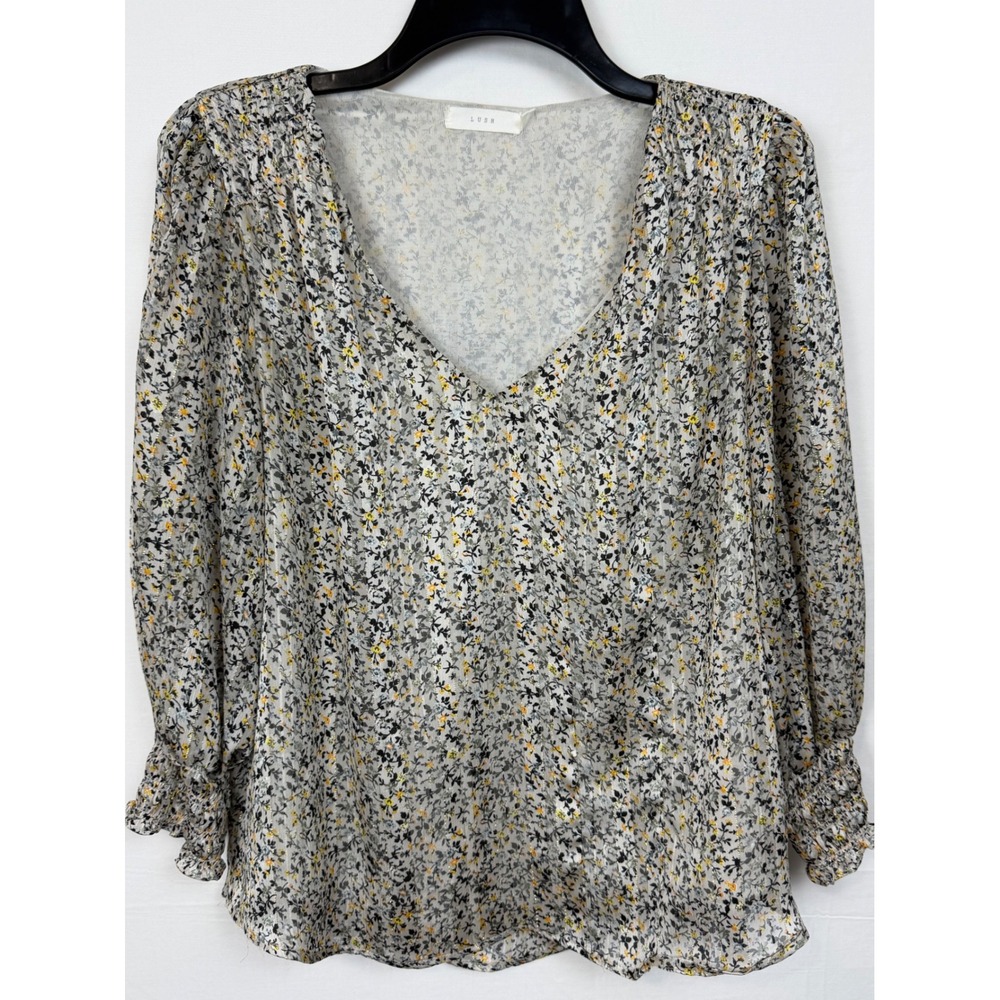 Lush Women Blouse M Grey Yellow Floral Metallic V-Neck Smocked Cuff T15468-I
